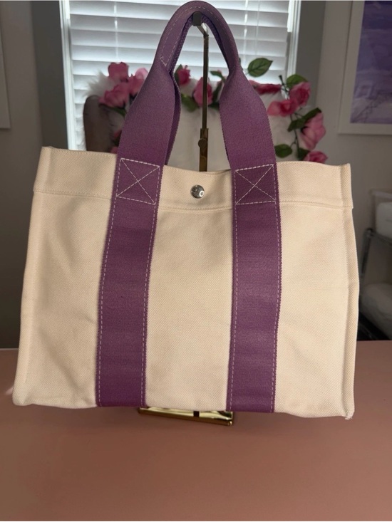 Hermes Handbags - Hermes Fourre Tout PM Tote Bag Cream Purple Canvas Handbag Vintage France w/COA